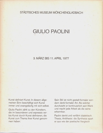 Giulio Paolini. Städtisches Museum Mönchengladbach, 3. März bis 11. April 1977