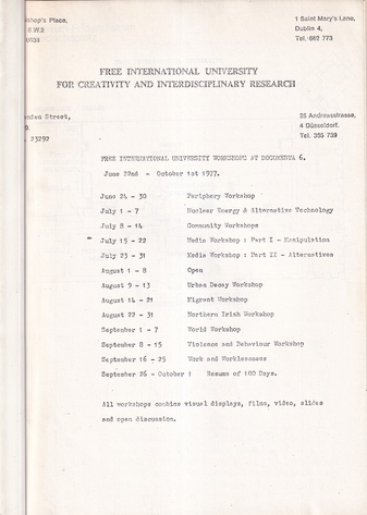 FREE INTERNATIONAL UNIVERSITY FOR CREATIVITY AND INTERDISCIPLINARY RESEARCH: FIU WORKSHOP AT DOCUMENTA 6. June 22nd - October 1st 1977