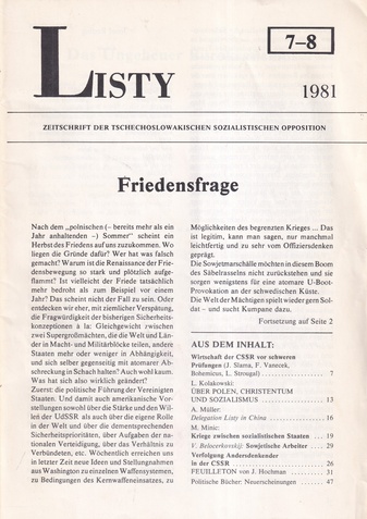 LISTY. ZEITSCHRIFT DER TSCHECHOSLOWAKEISCHEN SOZIALISTISCHEN OPPOSITION # 7 - 8. 1981