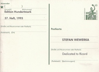 Stefan Wewerka. Postkarte. Dedicated to Ricard