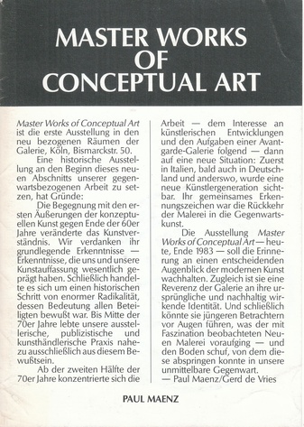 Master Works of conceptual Art. Paul Maenz, Köln, 8.10. - 12.11.1983