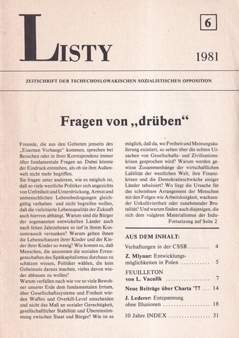 LISTY. ZEITSCHRIFT DER TSCHECHOSLOWAKEISCHEN SOZIALISTISCHEN OPPOSITION # 6. 1981
