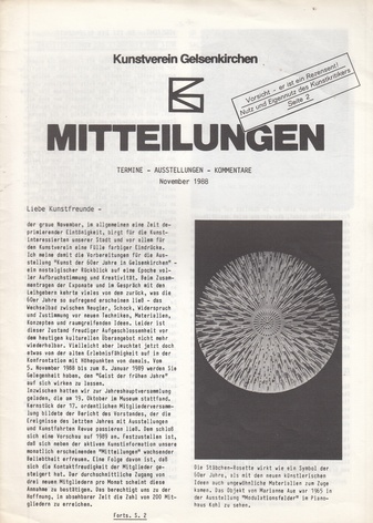 Kunstverein Gelsenkirchen. MITTEILUNGEN. TERMINE - AUSSTELLUNGEN - KOMMENTARE. November 1988