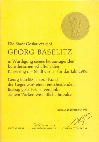 Klaus Gallwitz: Georg Baselitz. Laudatio zur Verleihung des Kaiserrings in der Kaiserpfalz Goslar am 27. September 1986