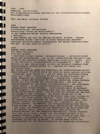 1966-1990. Sammlung von Kritiken bei Gruppenausstellungen, Ausschnitte aus Presseveröffentlichungen, Katalogbeiträge über den Maler Hellmuth Eichner.