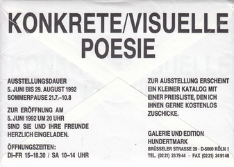 KONKRETE/ VISUELLE POESIE. Galerie und Edition Hundertmark, 5. Juni bis 29. August 1992