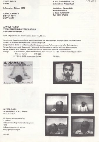 Video Tapes/ Filme. Information 1977. ARNULF RAINER/ DIETER ROTH/ KURT KREN. P.A.P. KUNSTAGENTUR, München